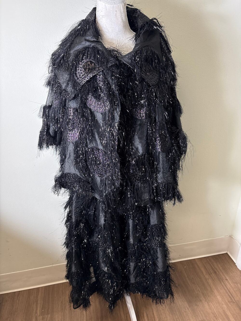 Buru Black  Fringed Car Coat and Skirt Set Sz XS/S